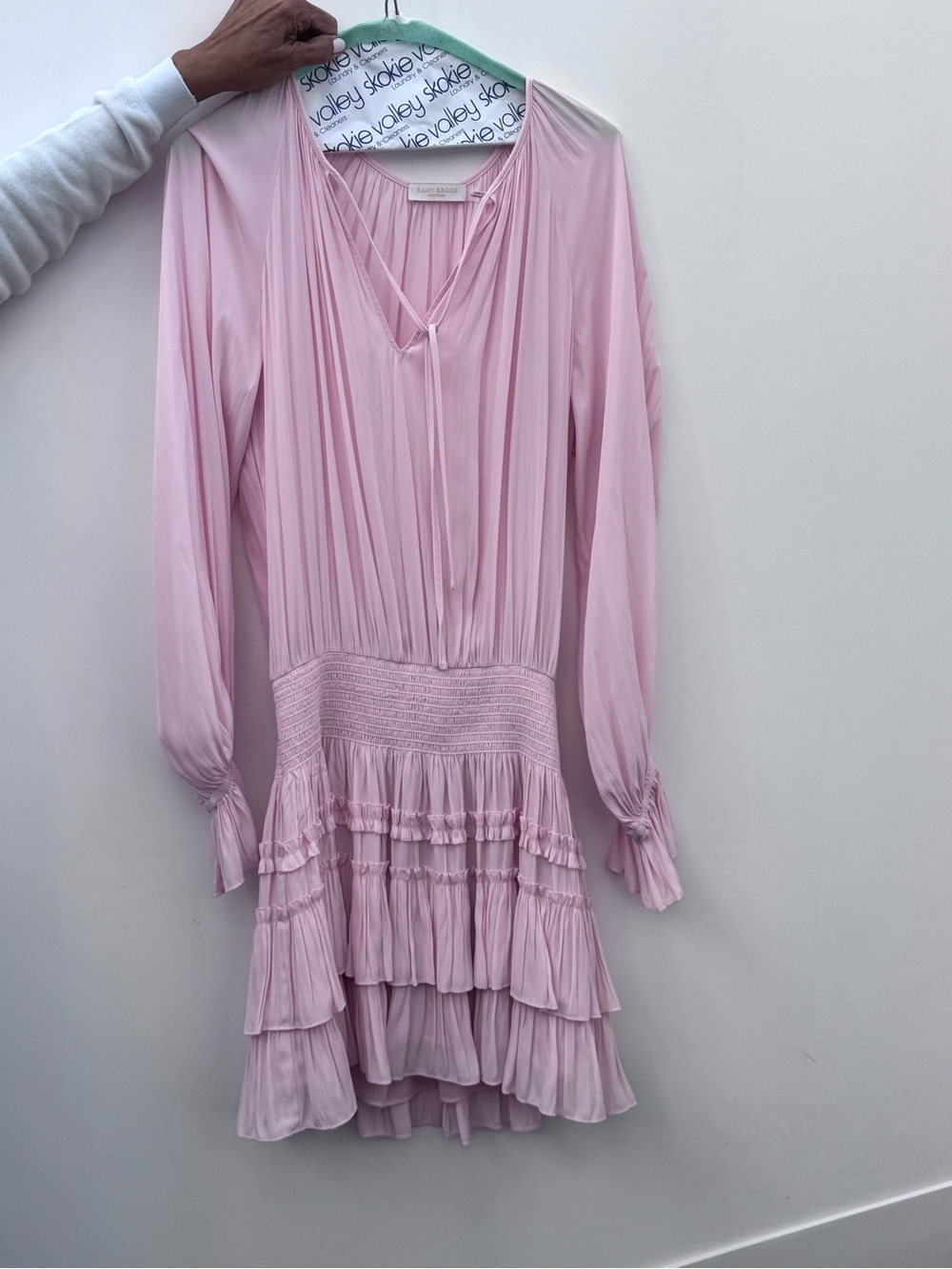 Ramy Brook Pink Tiered Ruffle Smocked Waist Long Sleeve Mini Dress